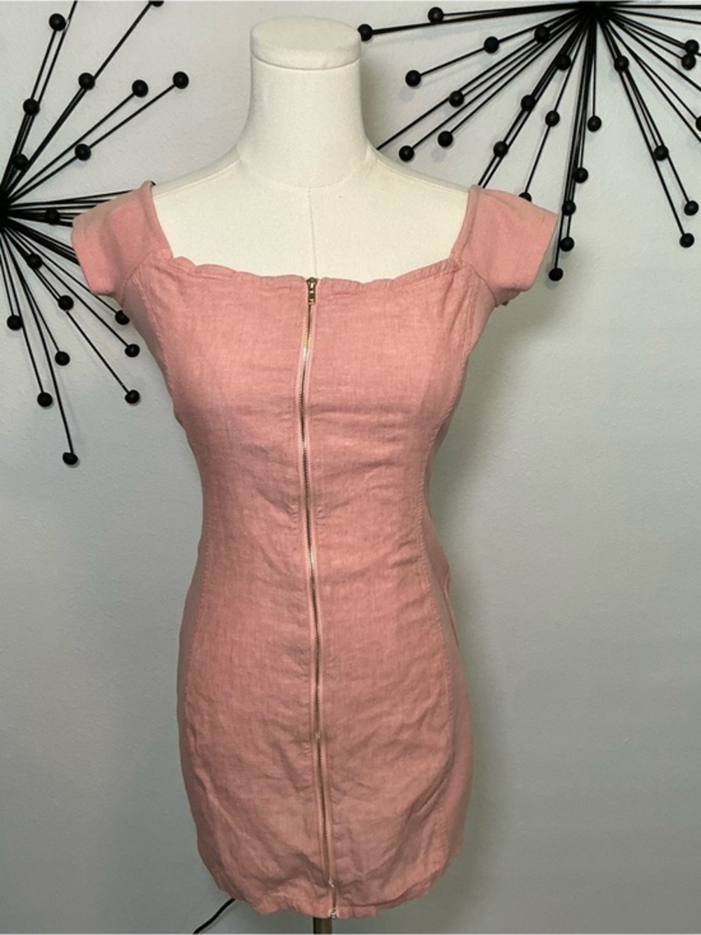 BCBG Generation Pink Linen Blend Mini Dress Zip Front Off Shoulder XS